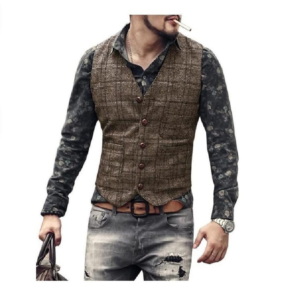 Youllyuu Chaleco de traje para hombre a cuadros sin mangas chaqueta a rayas de un solo pecho de negocios delgado chaleco de vestido de novia