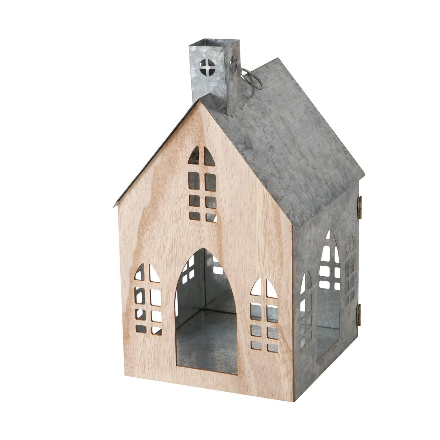 Boltze Home Laterne Lichthaus Zürich 2er-Set Silberfarben Natur Hausform Metall Holz Teelichthalter Kerzenhalter Dekoration für Innenbereich