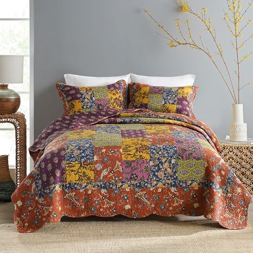 Qucover Patchwork Bedspreads King Size, Mixed Colors Orange Yellow Blue - Quilted Bedspreads, Real Patchwork American Style 100% Cotton Bedspread King Size 233x270cm with 2 Matching Pillowcases