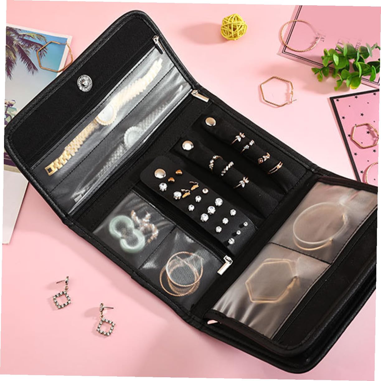 TOYANDONA Faltbare Schmuckrolle aus Pu Material Kleiner Reise Schmuckorganizer mit Transparenten Taschen Weiche Innenfläche Platzsparender Schmuckbeutel für Reisen und Aufbewahrung