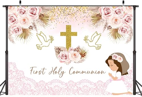 Miniatura 2 de Fondo de decoración de bautismo de 1 comunión de 7 x 5 pies, pancarta de bautizo con puntos dorados, rosa, bohemio, palomas florales, fondo de