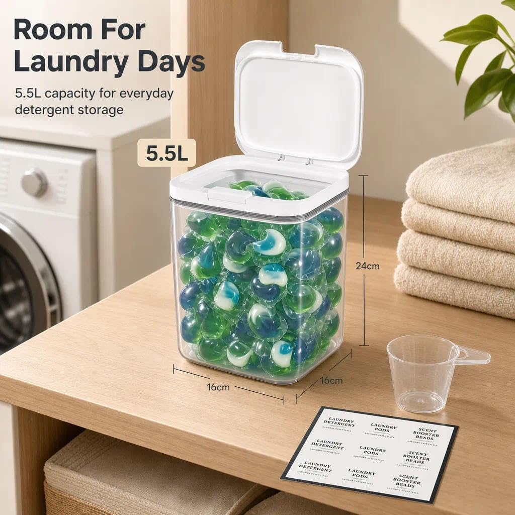 Contenitore per detersivo, contenitore per bucato, contenitore ermetico riutilizzabile, per perline di bucato, polvere di bucato, farina di riso, 5,5 l, trasparente e bianco