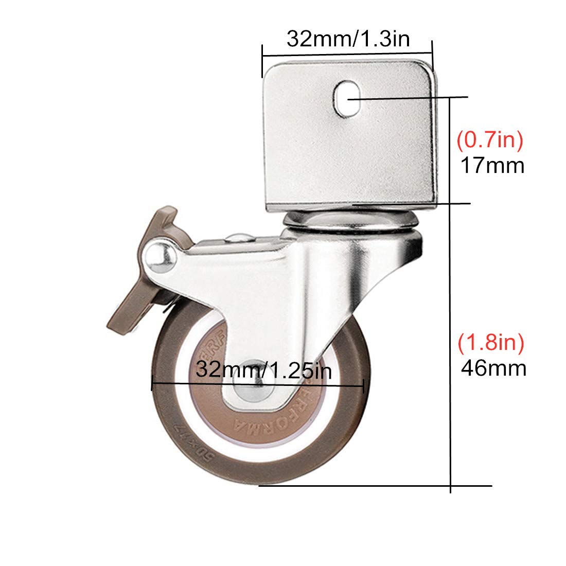 Ruedas giratorias, 1,25" (32 mm), para reemplazo de Muebles pequeños o con rodamiento, móviles y silenciosas, Capacidad de Carga de 60 kg (Freno de 16 mm/0,6 pulg.).