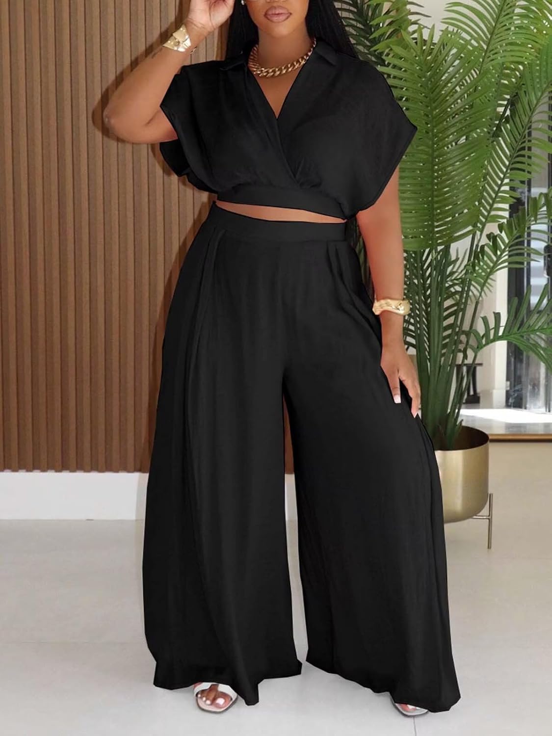 KEYUFANG Women's Summer 2 Piece Outfits Wrap V Neck Crop Top and Wide Leg Pants Sets Casual Vacation Outfits - Image 2