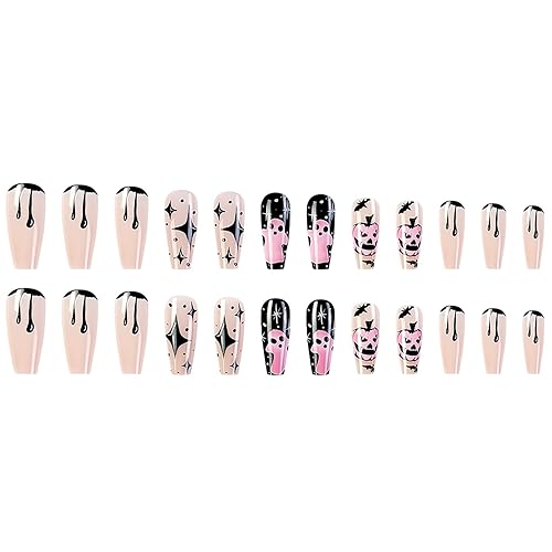 Miniatura 2 de Uñas postizas a presión de Halloween, largas, cuadradas, color rosa, cobertura completa, fantasma, calabaza, murciélagos, uñas adhesivas, estrellas