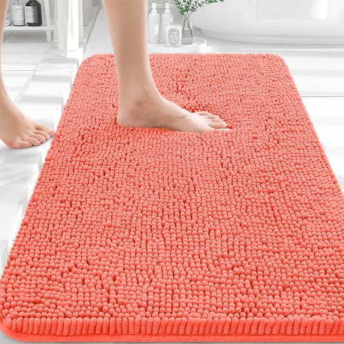 Image of OLANLY Bathroom Rugs 32x20, Extra Soft Absorbent Chenille Bath Rugs, Rubber Backing Quick Dry, Machine Washable Bath Mats for Bathroom Floor, Tub and Shower, Home Decor Accessories, Coral