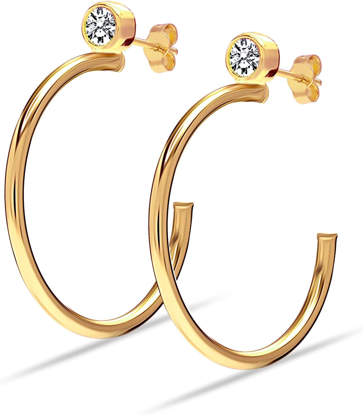 925 Sterling Silver Post Hoop Earrings for Women |14K Gold Plated Cubic Zirconia CZ C Hoop Earring | Size 25-55mm