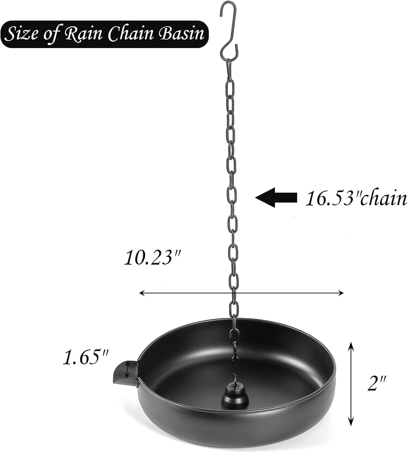 Rain Chain Anchoring Basin, Metal Bowl for Rain Chain Downspout Gutters, Black Rain Chain Basin of Chain Display for Outdoor Garden, Lawn and Patio Water Feature, 10.23 inch Diameter, 2 Inches High