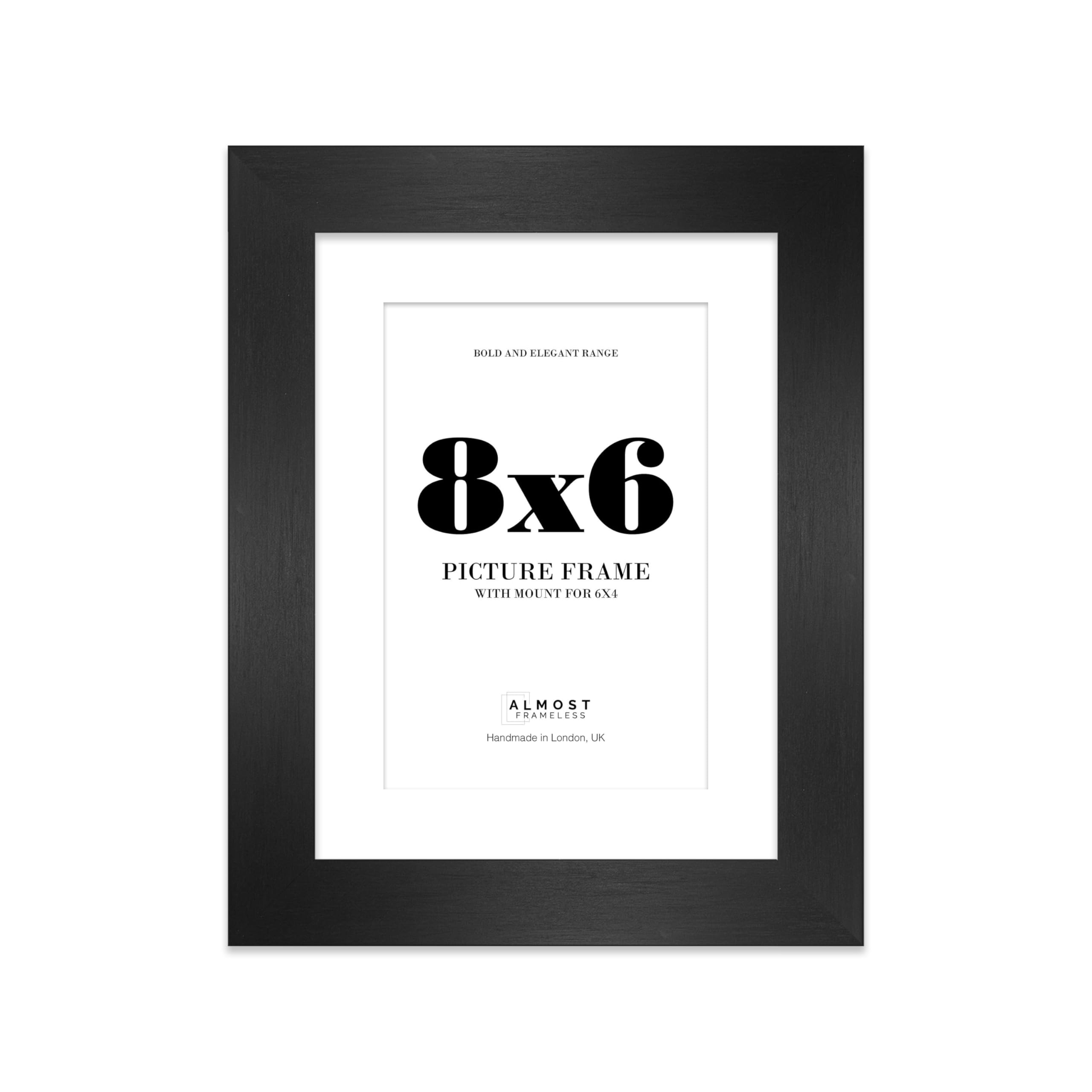 8x6 Black Frame With Mount for 6x4 Pictures 28mm Edge Portrait and Landscape Display with Wall Hooks and Kickstand, 1 Pack