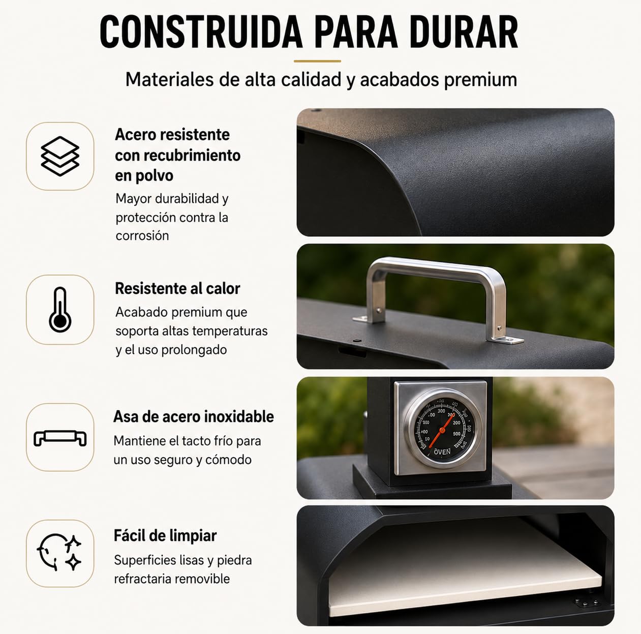 Horno de Pizza Portátil de Exterior – Horno BBQ de Acero con Revestimiento Resistente al Calor, Piedra Refractaria Incluida, Termómetro Integrado, Puerta de Acero Inoxidable y Pala para Pizza