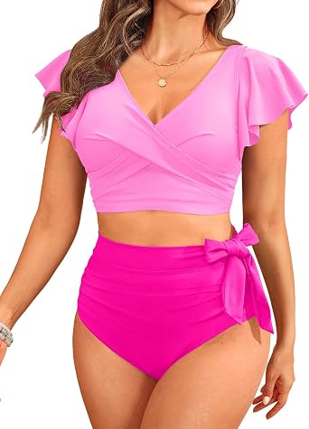 Aqua Eve Ruffle Bikini High Waisted Swimsuit - Women Two Piece Bathing Suit Tummy Control Bikini Set