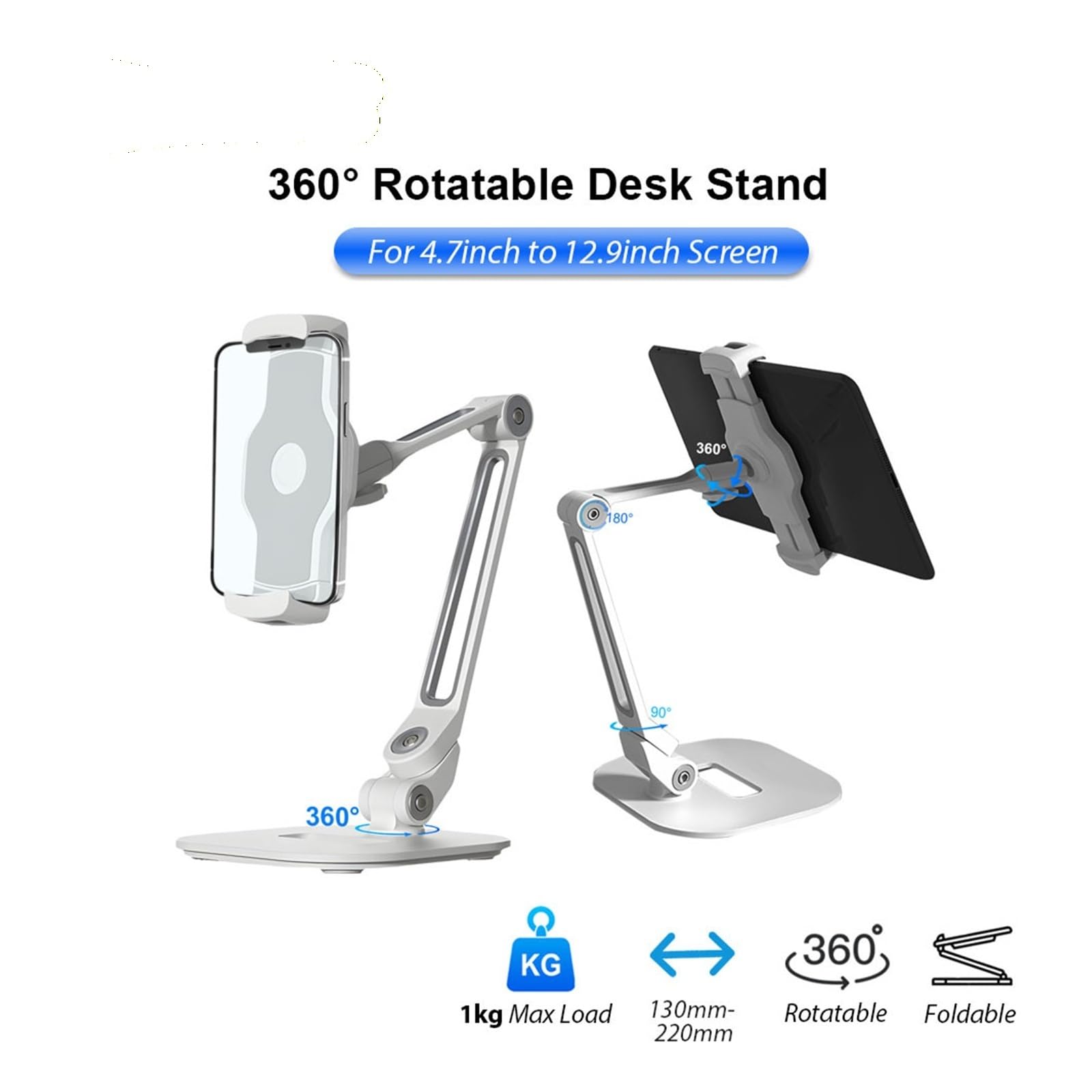 Supporto for telefono ruotabile a 360°, supporto da scrivania pieghevole | Supporto for telefono girevole a 360°, pieghevole, base antiscivolo, for telefoni/tablet, in alluminio(Black)