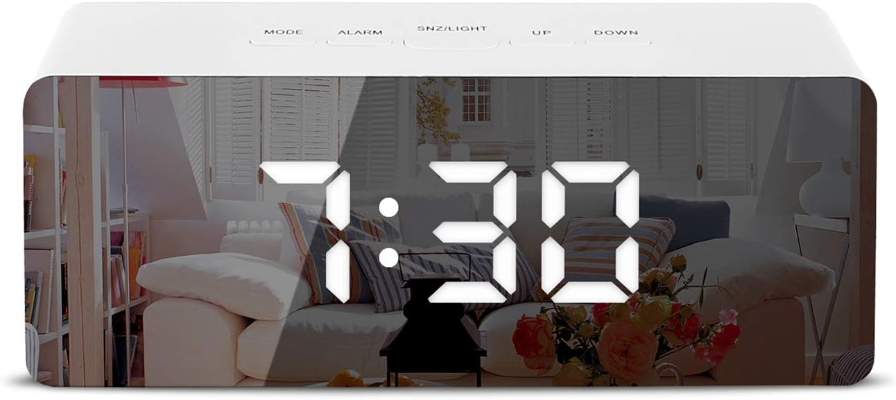 Digital Alarm Clock, LED Display Clock Best Makeup Bedroom Mirror Travel Alarm Office Bedroom Clock, Alarm Clock with Snooze, Dimmer Control, Support Battery Powered and with USB Port-White