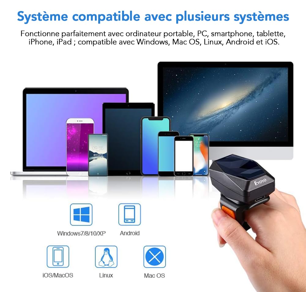 Eyoyo Lecteur Code Barres 2D d'anneau pour Doigt, Mini Portable 3-en-1 | 2.4G sans Fil, Bluetooth, USB Filaire, Mode stockage, 1D QR pour iPad, Smartphone PC Supermarchés entrepôts librairies