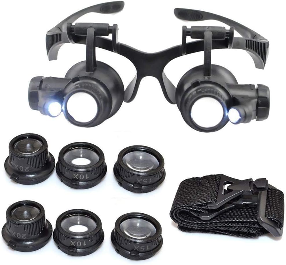 SHUANGYOU 10X 15X 20X 25X Headband Magnifier Double Eyes Glass Jeweler Loupe with 2 LED Lights 8 Replaceable Lens for Jeweler Watch Repair