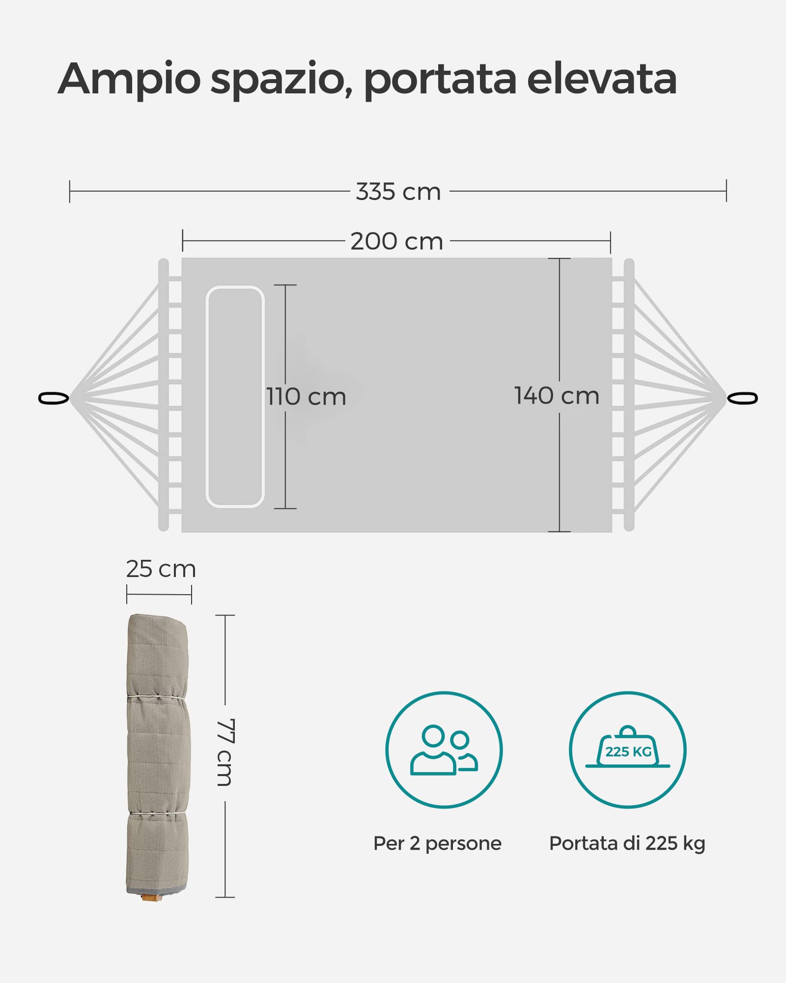 SONGMICS Amaca Doppia Imbottita da Campeggio Giardino con Barre Curve in Bambù, Cuscino, 200x140 cm, 225 kg, Grigio Beige GDC34CG