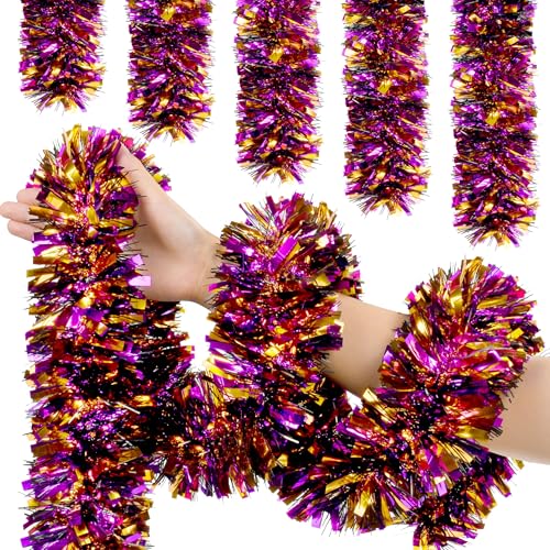 Image of 50 FT Halloween Tinsel Garland, Orange Purple Black Glitter Tinsel Garlands, Metallic Holiday Hanging Streamers for Halloween Party Supplies Indoor Outdoor Decoration