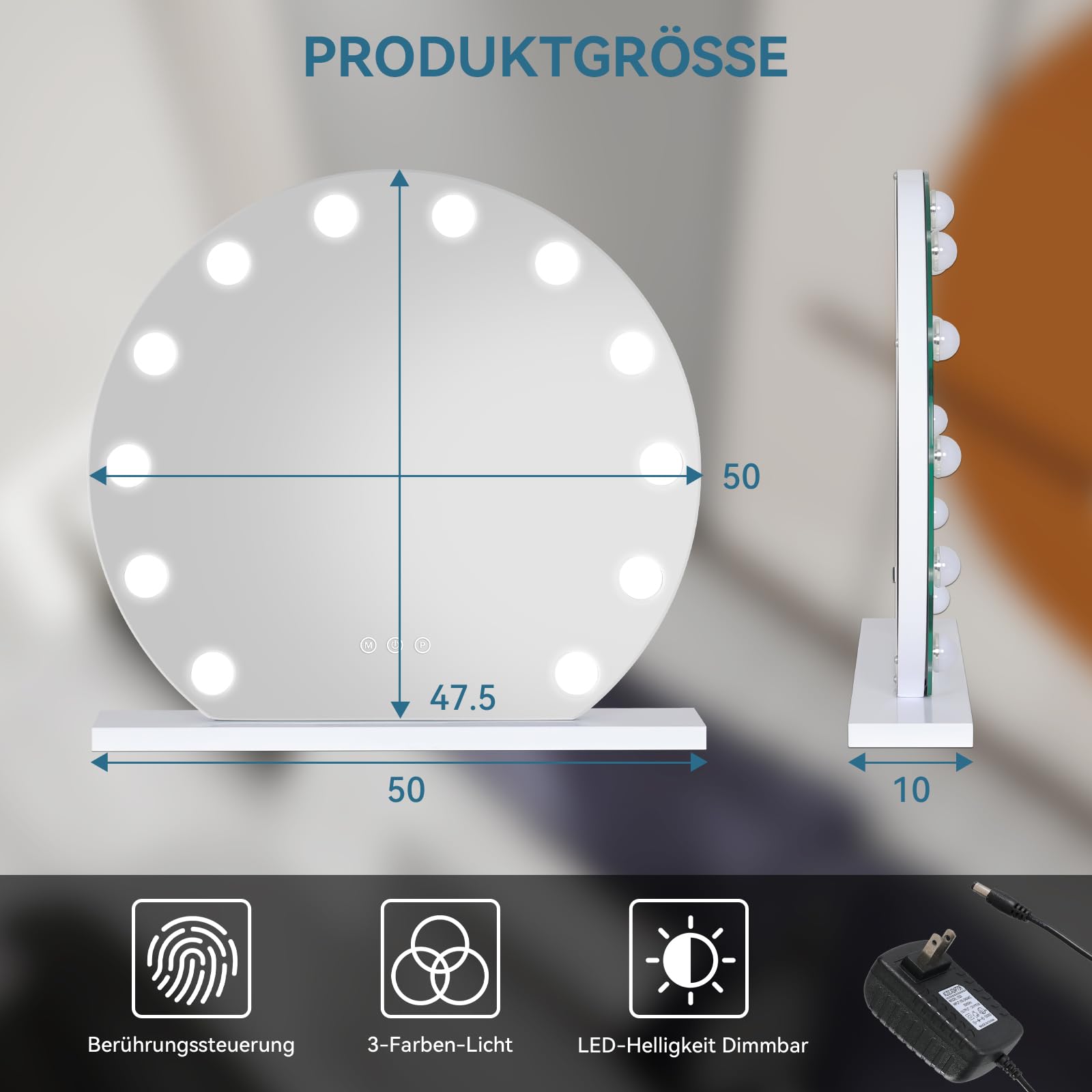 YOURLITE Miroir Maquillage Hollywood Rond 50CM, 12 Ampoules LED,3 températures de lumière réglables et dimmables,Loupe grossissante 10x, Port de Chargement USB, Installation sur Table ou Murale