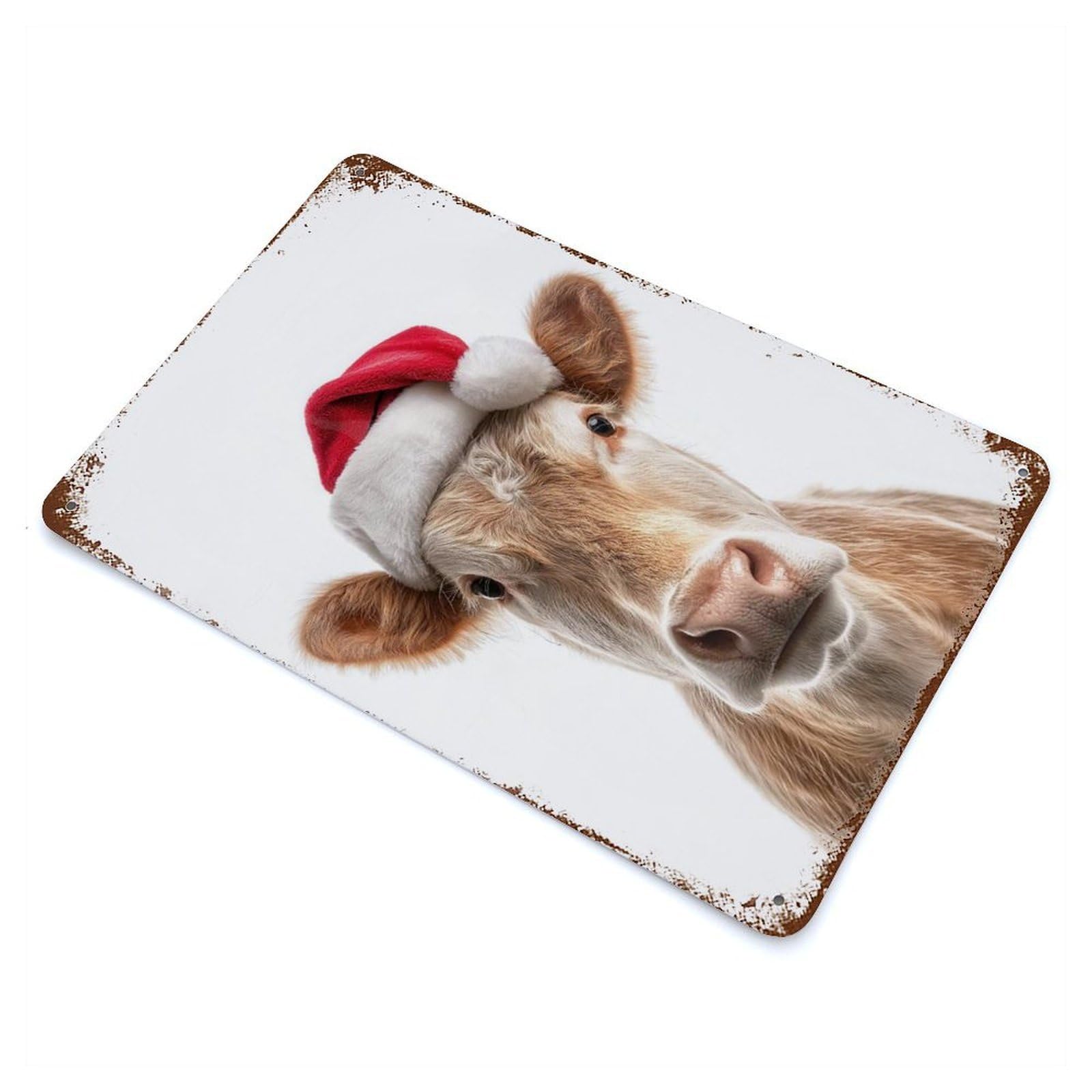 Christmas Cow Wearing A Santa Hat Rust Effect Tin Sign 11.8"x7.9", Novelty Wall Decor for Garage, Pub Or Kitchen
