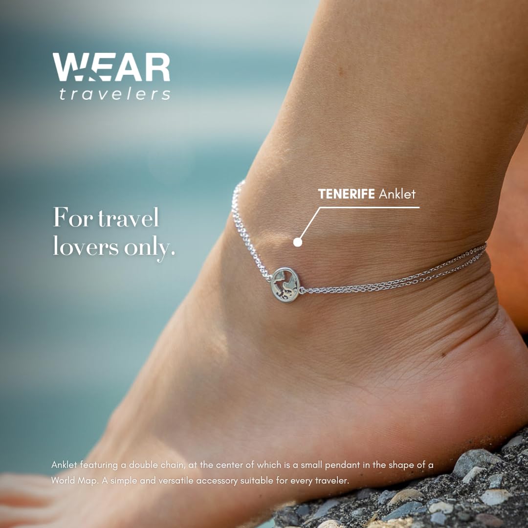WearTravelers 925 Sterling Silber Fußkettchen mit Weltkarten-Anhänger - Verstellbar und leicht - Damen Fußkettchen - Made in Italy - Geschenk für Reisefreudige - Modell Teneriffa