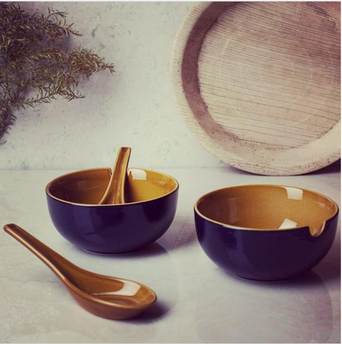 Crock Comforts Ceramic Dual Glazed Blue Soup Bowls with Spoons, Set of 2 , 240ml(Royal Blue)