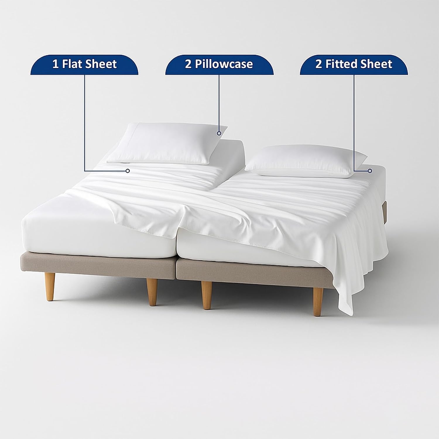 5 Piece Split King Sheet Set, Deep Pockets 16 Inch, 100% Egyptain Cotton, Split King Sheets for Sleep Number Beds, Sheets Sets for Adjustable Bed, White, Solid