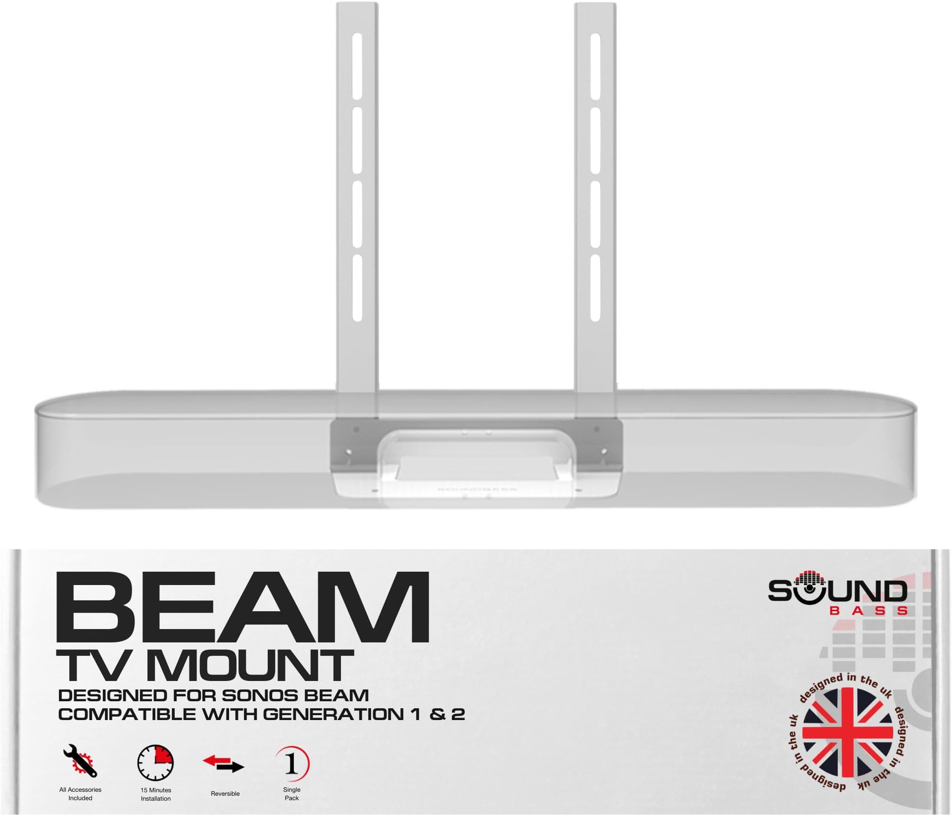 Sound Bass Beam TV Mount, Compatible with Generation 1 & 2 Sonos Beam Soundbar, Mounting Bracket for TV, White, Full Hardware Kit Included