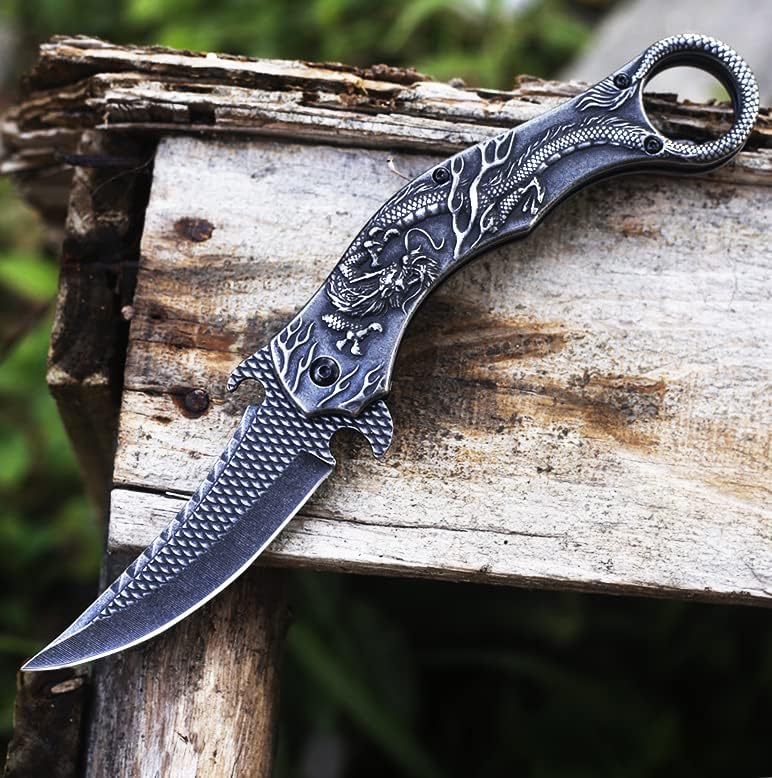 Pocket Knife for Men, Cool Folding Knife With 3D Dragon Relief, Great Gift Edc Knife For Men Outdoor Survival Camping Hiking (Black) - Image 5
