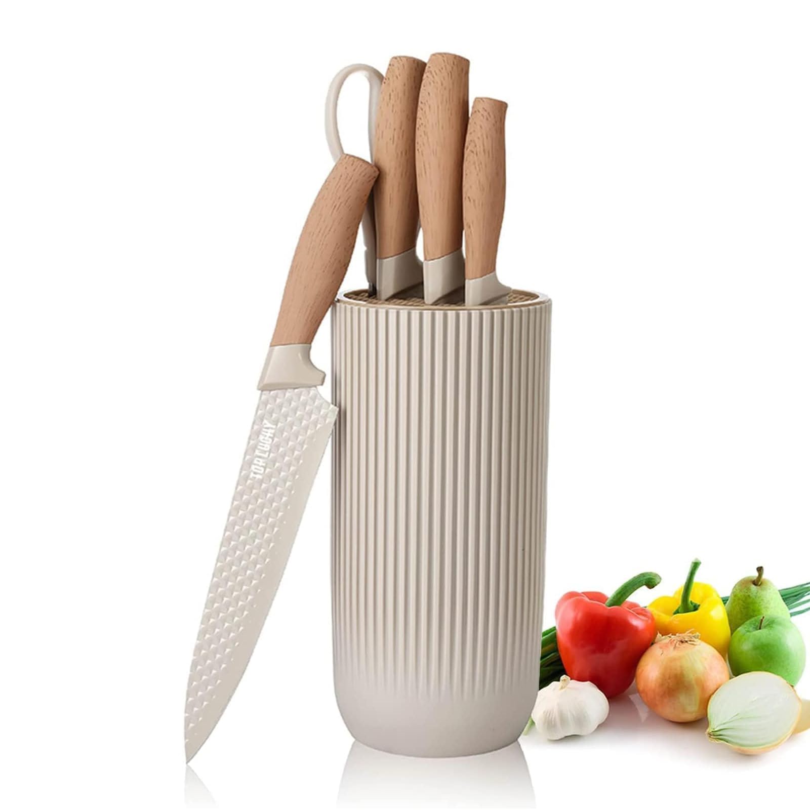 JUSTUP Ensemble de couteaux 6 pièces - Bloc de couteaux de cuisine en acier inoxydable anti-adhésif de couleur kaki - Ensemble de couteaux de chef universel adapté pour la maison, le restaurant et le