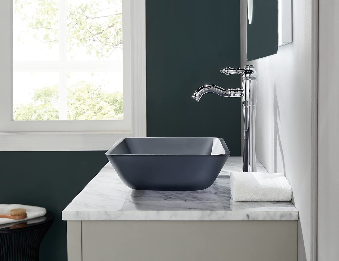 Europea GreyTempered Deco - Fregadero de baño de vidrio decorativo gris mate transparente | Fregaderos de montaje superior sobre encimera | Lavabo rectangular para encimera con drenaje 2