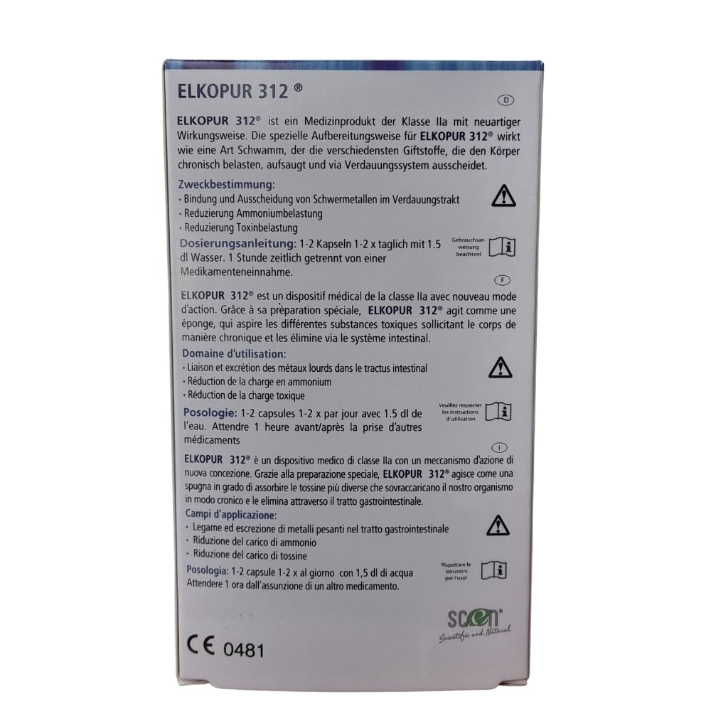 SCEN Elkopur312 - Zeolite Pura Attivata - 60 Capsule - 30 Giorni Di Trattamento Detox, Dispositivo Medico Classe 2A, Fiscalmente Detraibile,