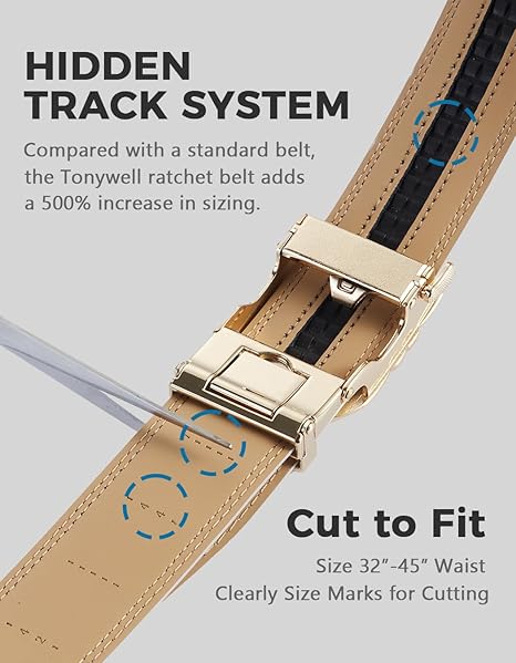 Tonywell Cintura a cricchetto da uomo, in pelle nera, cinghia da 3,5 cm con fibbia automatica, Black Belt Men Gun Buckle, 32 to 45 Waist Adjustable