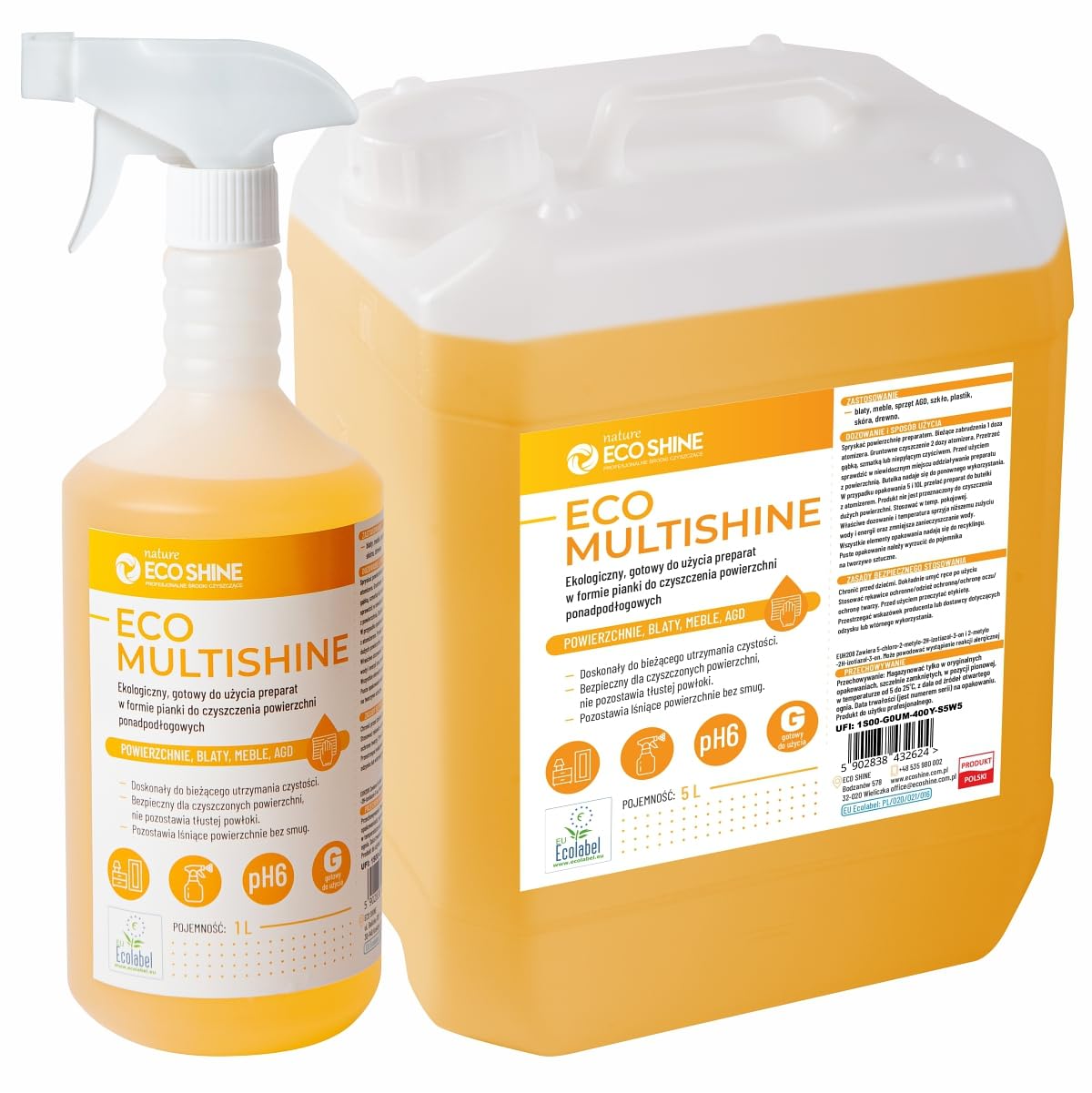 ECO MULTISHINE Ekologiczny preparat w formie pianki do czyszczenia powierzchni ponadpodłogowych 1L