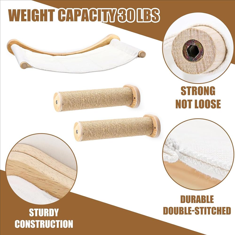 Kletterwand Katzen,53cmx47cm Katzenhängematte & 2 Kratzbaum, Kängematten Katzen Wand Bis Zu 10 Kg,Katze wandelement Schlafen Und Ausruhen,Katzenbett Zum Klettern Aus Natur-Holz (Beige)