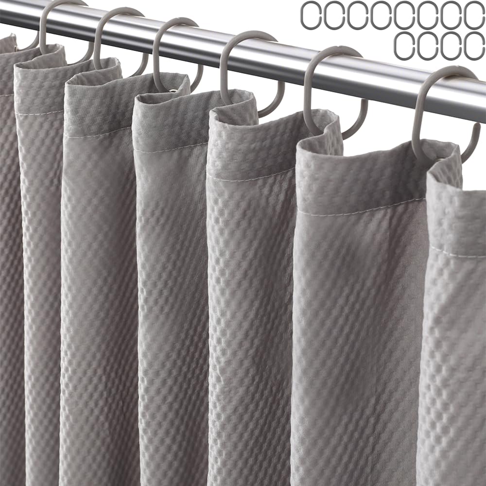 Extra Long Shower Curtain Or Liner with Hooks Waffle, Light Weight Fabric Shower Curtain Set with Waffle Weave Hotel Quality Bathroom Shower Curtains, 72 x 80 Inches (Grey)