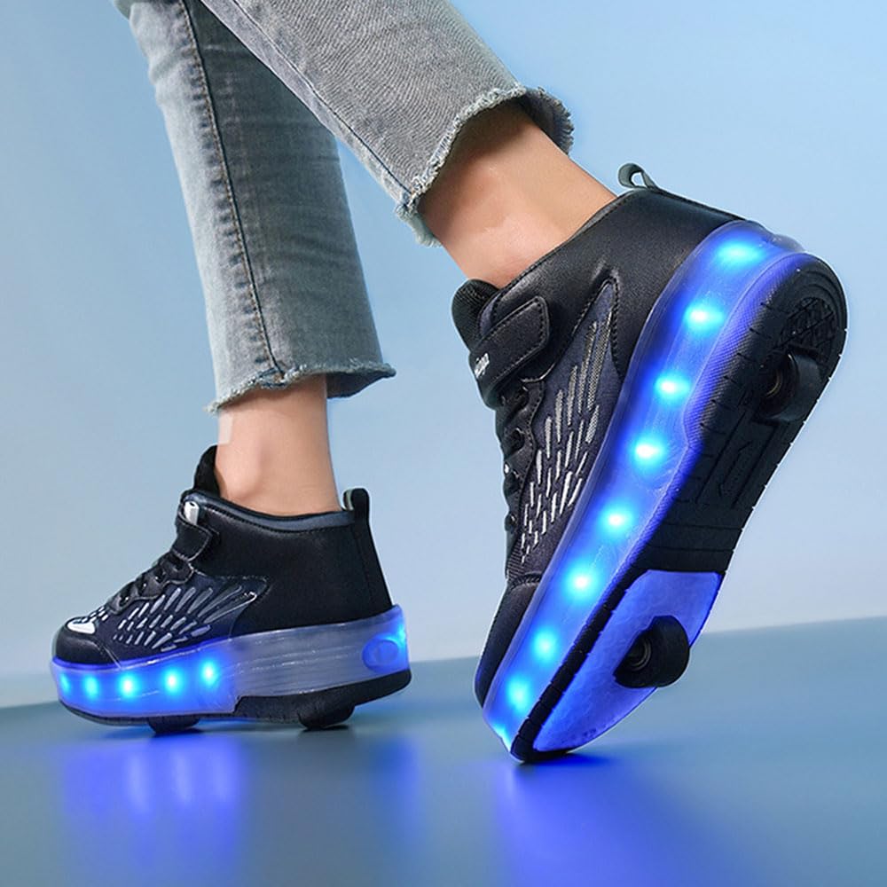Trampki dziecięce, buty na deskorolce z dwoma kołami, buty 2 w 1, buty uniwersalne, buty sportowe, buty ze światłami LED, ładowanie USB, oddychające, odporne na zużycie