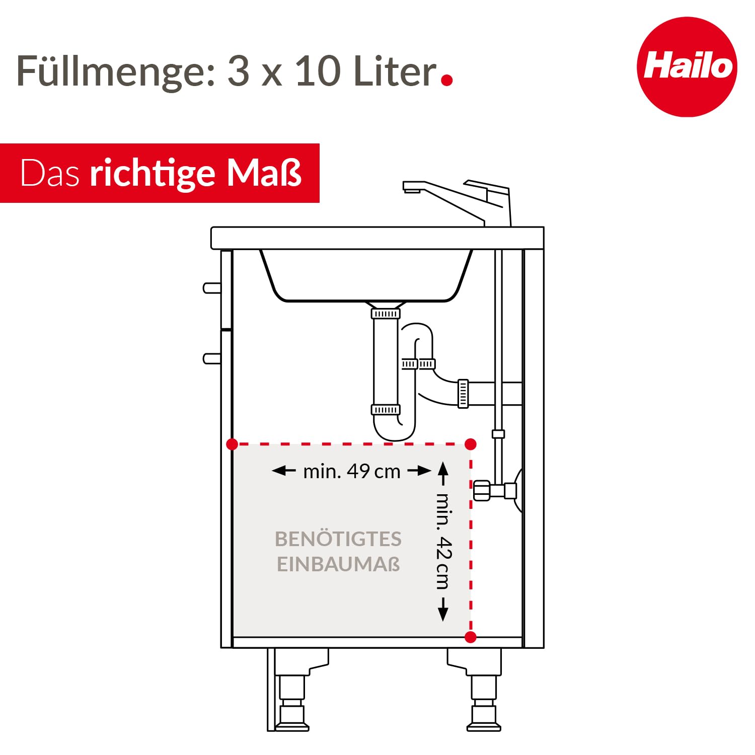 Hailo EcoLine Design Trio L Einbau-Mülltrennungs-System 3x10 Liter - Trio-Mülleimer mit Vollauszug - Stahlblech - schwarz - ab 30 cm Schrankbreite