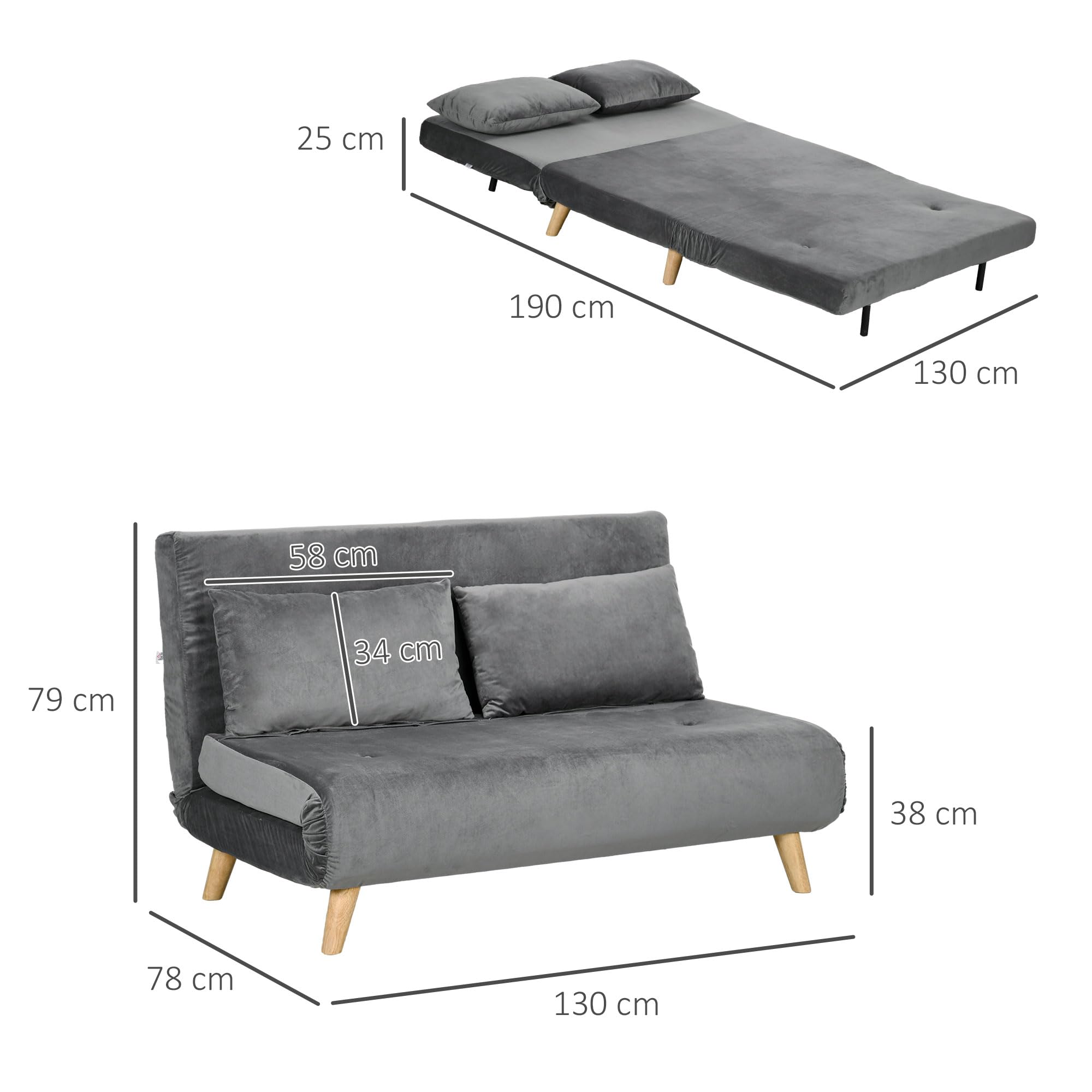 HOMCOM Sofa do spania 2-osobowa z funkcją łóżka, składana sofa z regulowanym oparciem, poduszka, sofa do spania o aksamitnym wyglądzie do salonu, szara, 130 x 78 x 79 cm