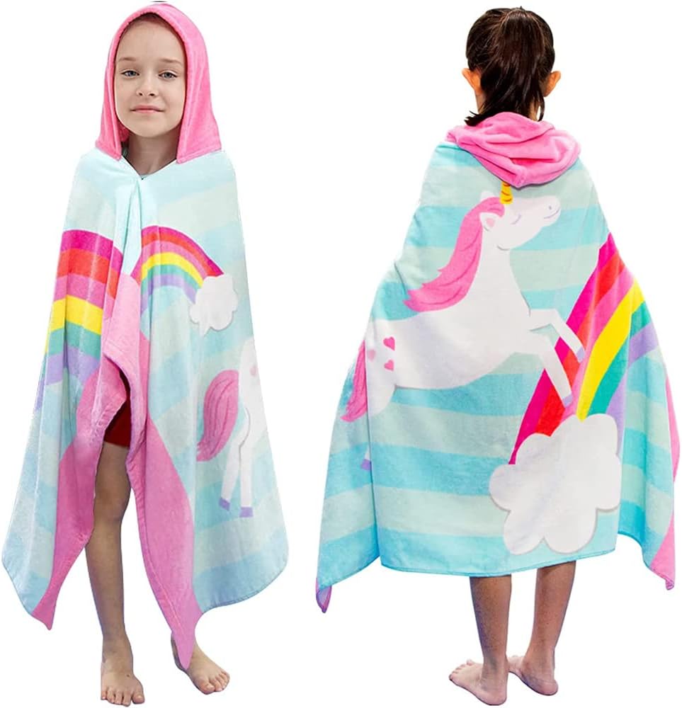 Kids Hooded Bath Beach Towel, 100% Cotton 50"x30" Wrap, Toddlers Girls Boys 3-12 Years Coverup(Rainbow Unicorn)