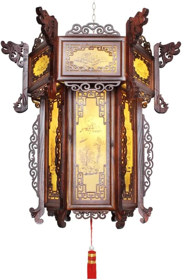 LIOONS High-end Solid Wood Chinese Lanterns, Retro PVC Lamp Wooden Palace Lamp Outdoor Lamp Hanging Lantern Paper Lantern Lamp