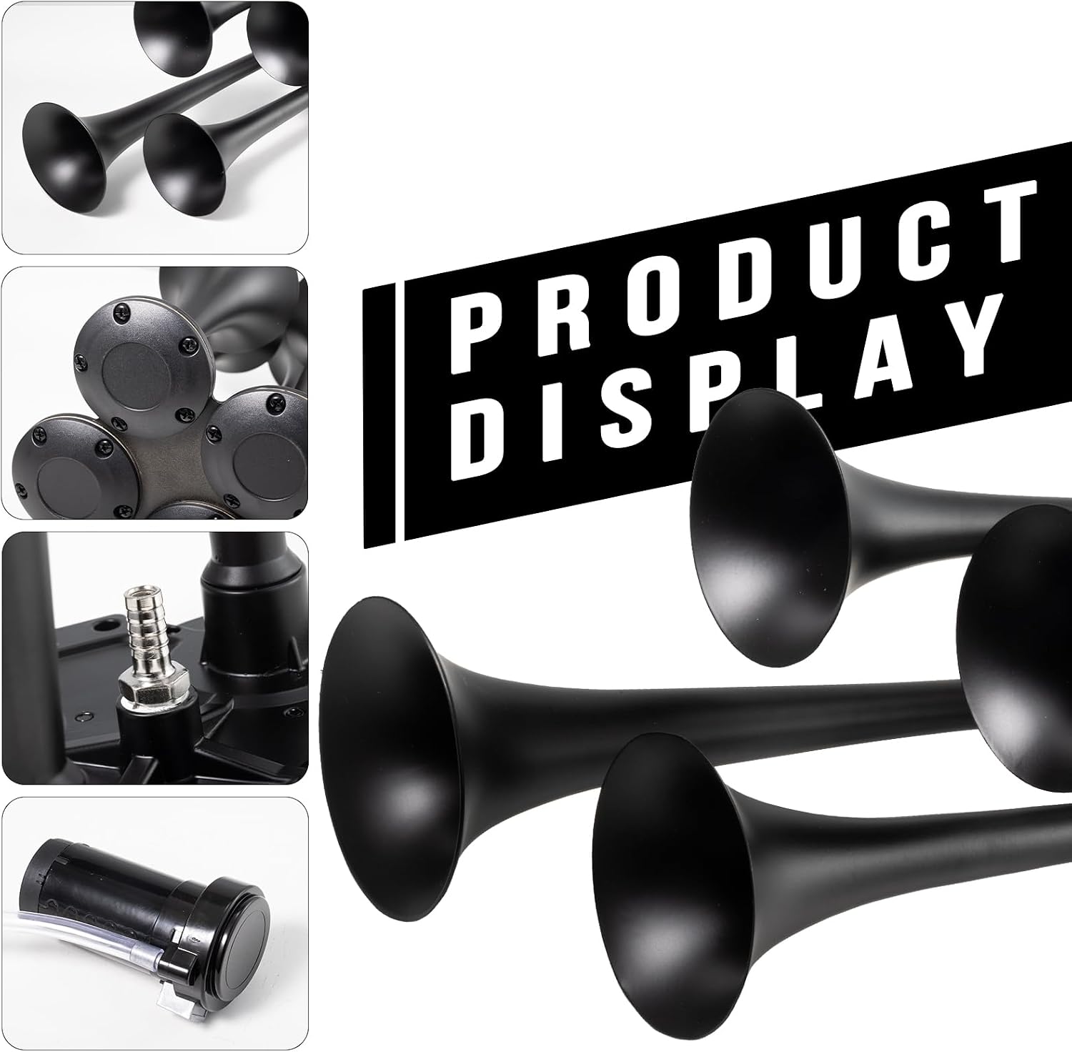 FARBIN Truck Air Horn 150DB Train Horn 12V 4 Trumpet Car Horn for Truck Super Loud Air Horns with Compressor for Vehicle Trucks Pickup Jeep SUV Train Boat Matte (Black, with Air pump)