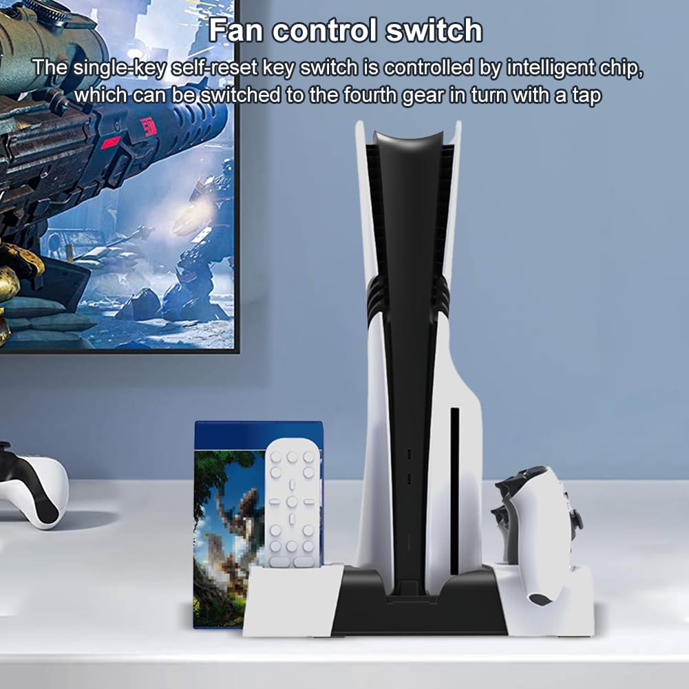 Soporte vertical y estación de refrigeración para PS5 Pro/Slim con doble controlador de carga y organizador de juegos