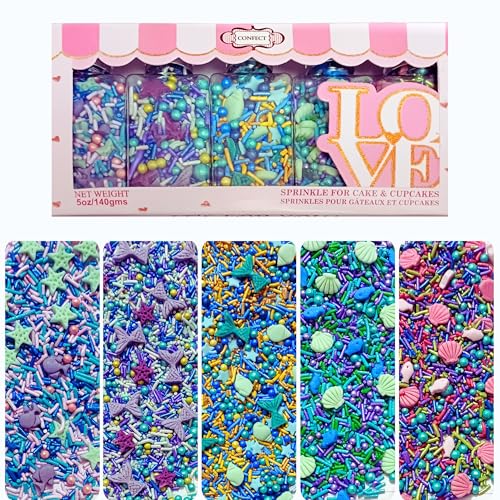 Confect Decorative Sprinkle Mix Set, Under the Sea Theme with Sea Shells, Starfish, Mermaids & Fish, 5 Pastel Color Blends, Cake and Cupcake Decorating-Vegan, Gluten-Free, Nut-Free, Soy-Free, Dairy-Free, Palm Oil-Free- 140 Gms