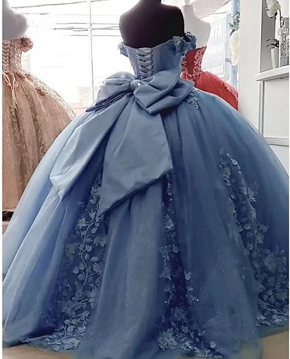 WDBFY Women's 3D Flowers Quinceanera Dresses Lace Beaded Sweet 15 16 Dress Off Shoulder Prom Ball Gowns