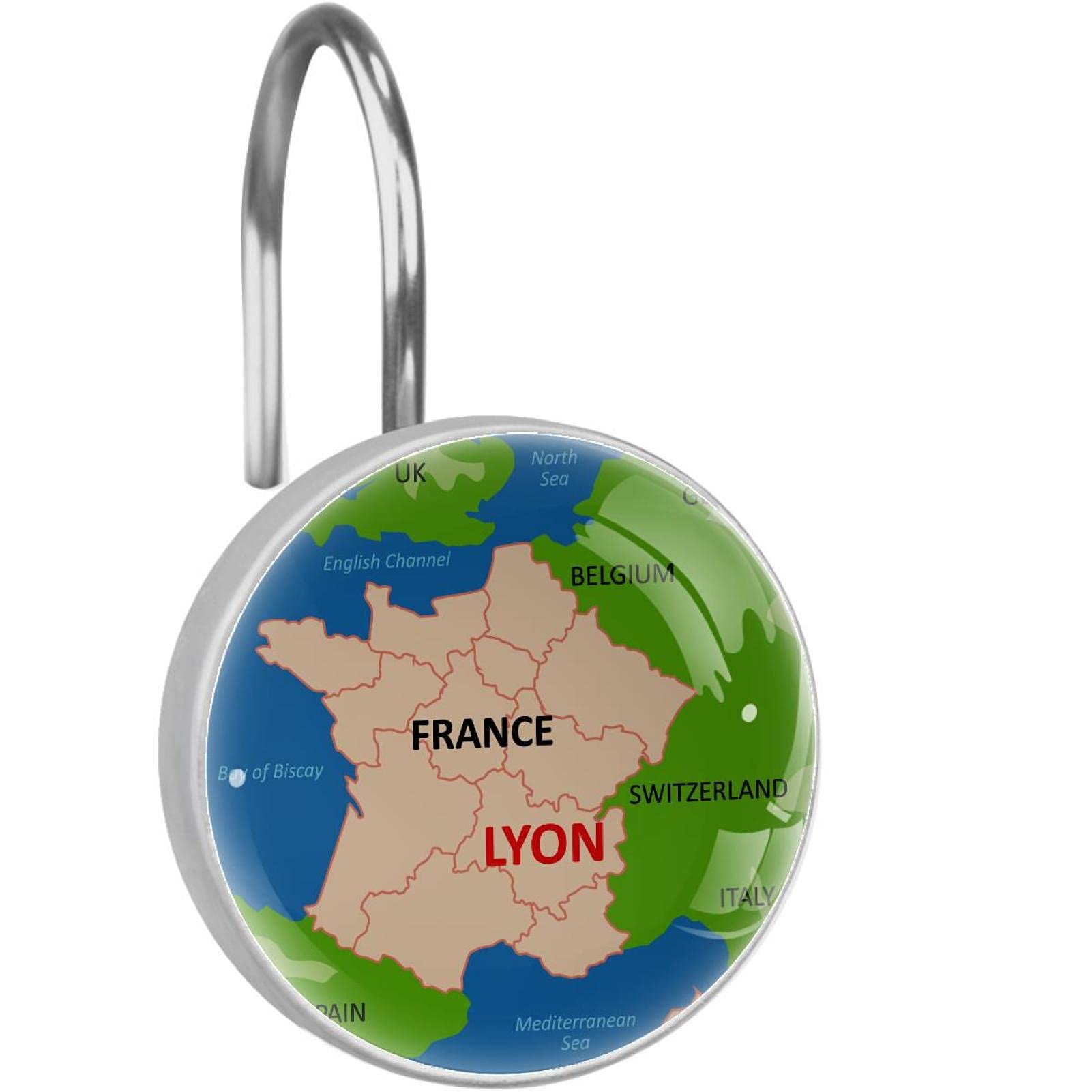 Crochets pour rideau de douche lot de 12 en acier inoxydable, design carte de Lyon retro