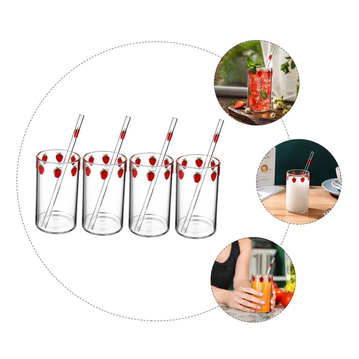 Bicchiere in Vetro Stampa Fragola, Set da 4, Fondo Piatto | Tè e Latte, per Casa e Regalo Inaugurale, Formato Compatto, Uso Quotidiano
