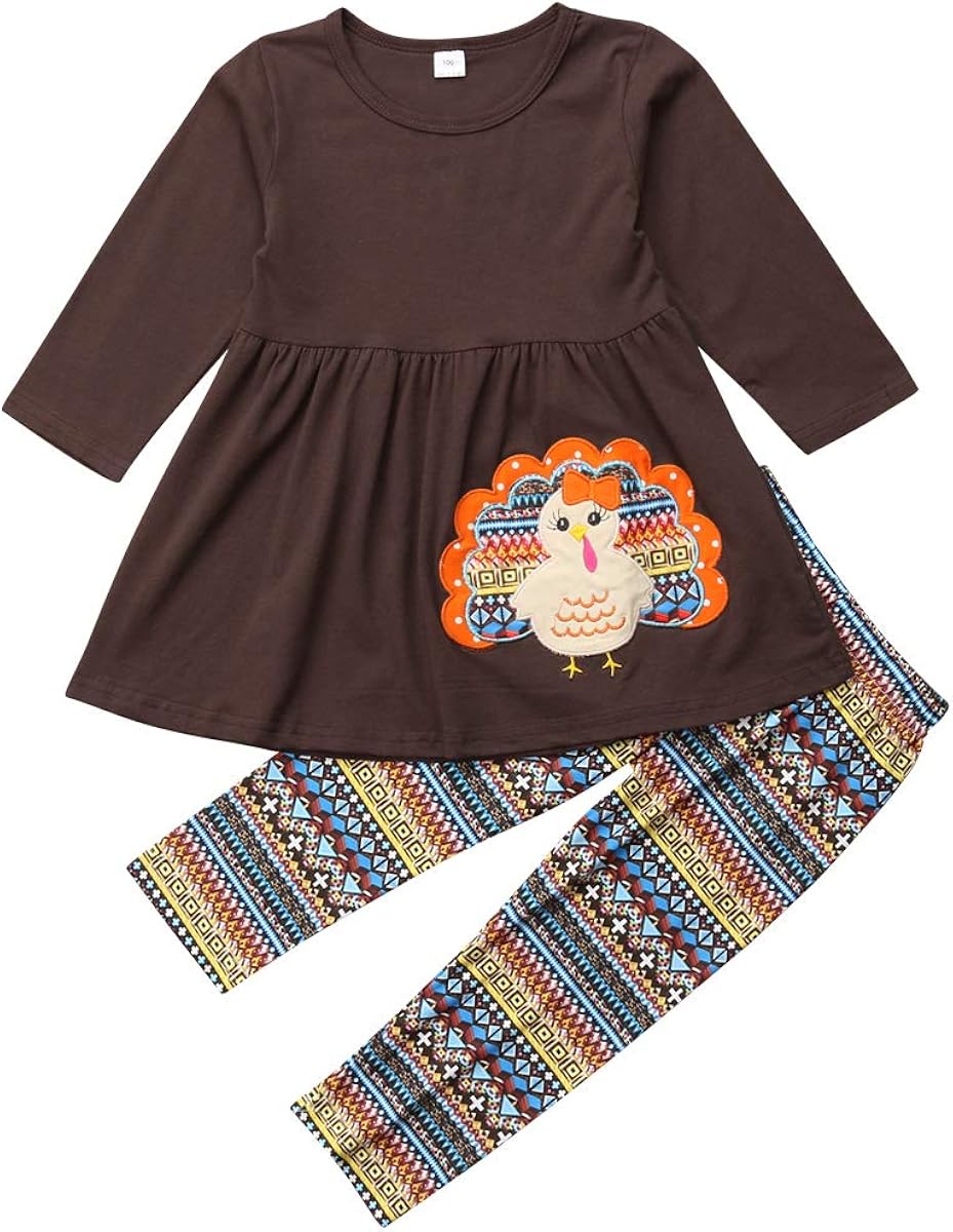 Toddler Kid Baby Girls Thanksgiving Outfits Turkey Long Sleeve Top Dress Pants Leggings Clothes Set 1-7Y