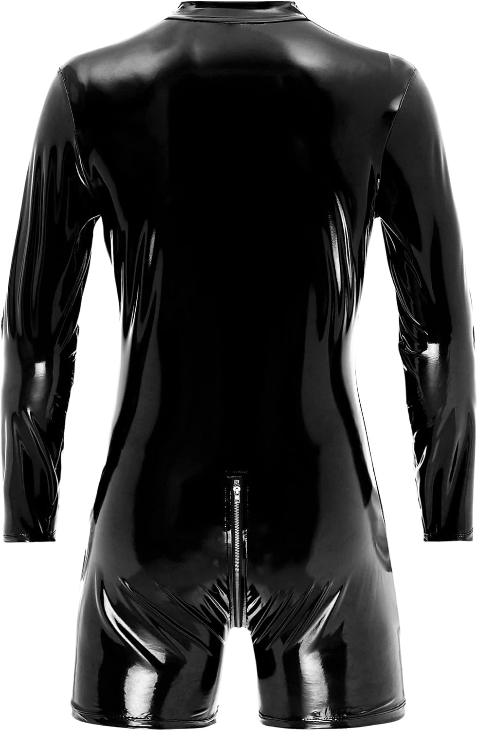 Alvivi Men Bodysuit Wet Look Leather One Piece Shorts Long Sleeve Zipper Crotch Romper Jumpsuit