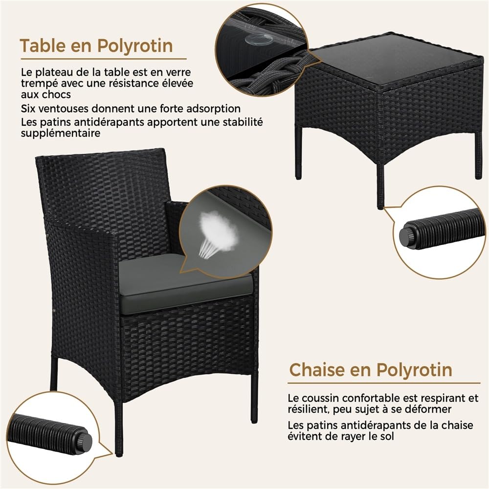 Yaheetech Salon de Jardin Exterieur Ensemble Mobilier de Jardin 2 Personnes Fauteuils et Table Basse Plateau Verre 2 Coussins Tressée pour Balcon Noir/Girs