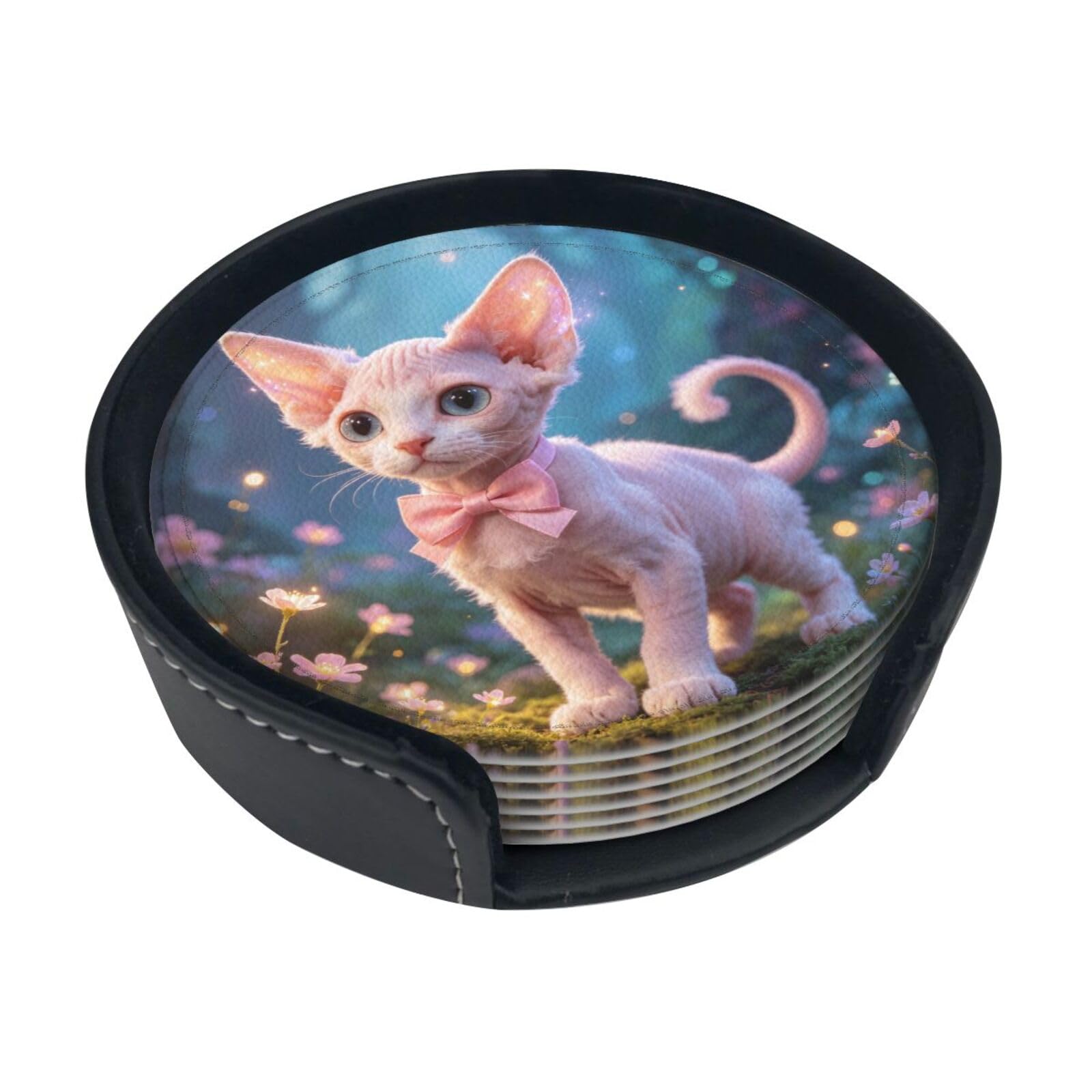 Bow cat Leather Coasters-Set of 6 with Storage Holder